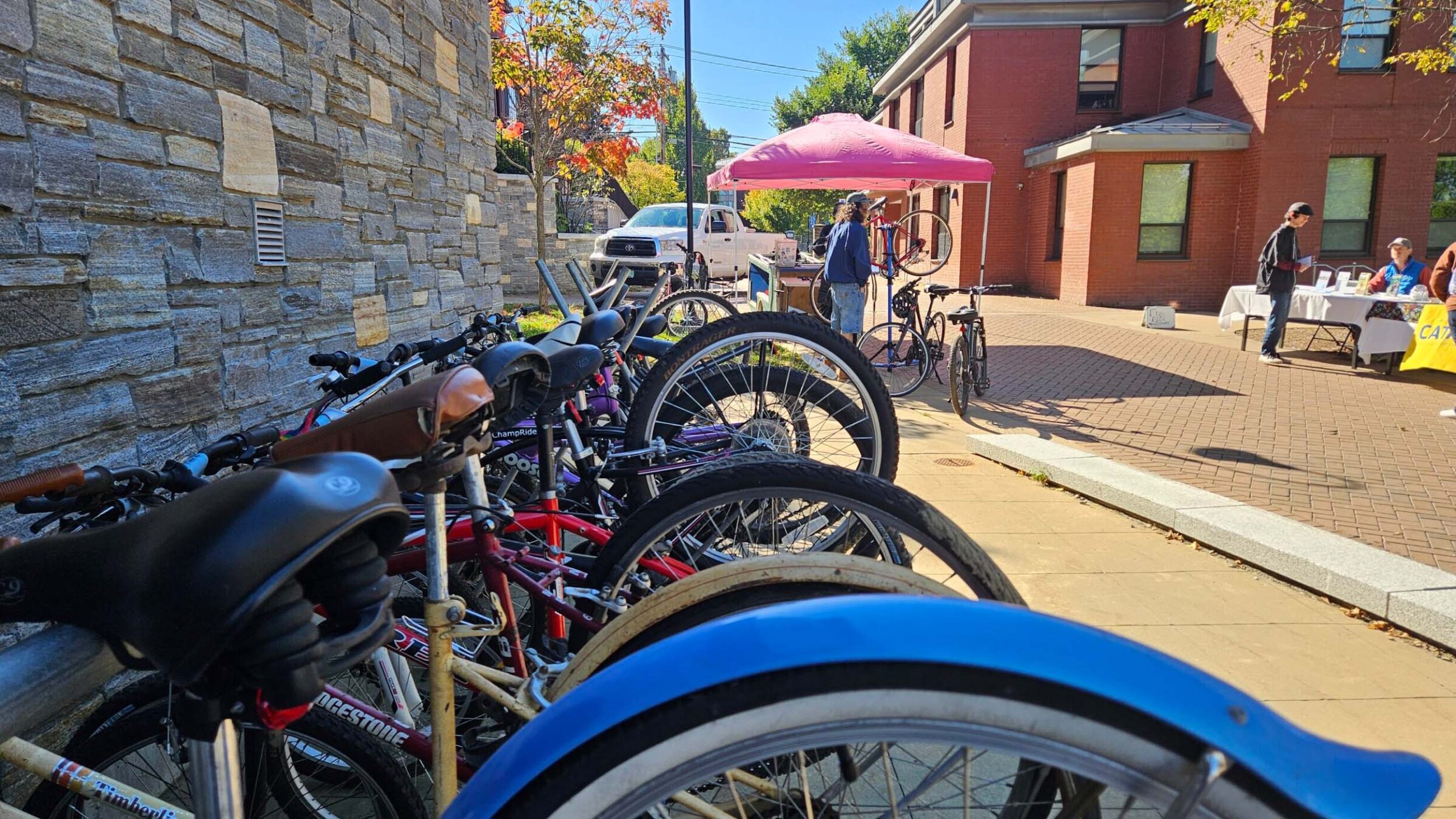 Bikes lined up outside of a campus building in the sunlight.