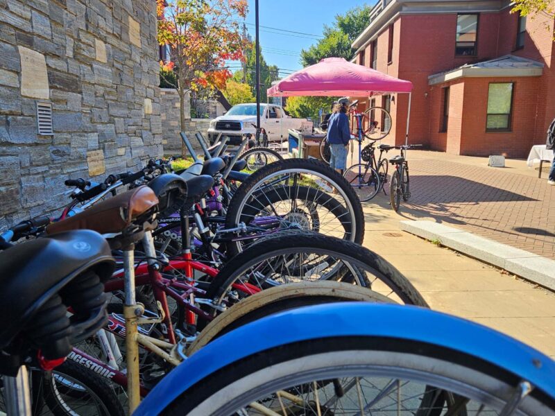 Bikes lined up outside of a campus building in the sunlight.
