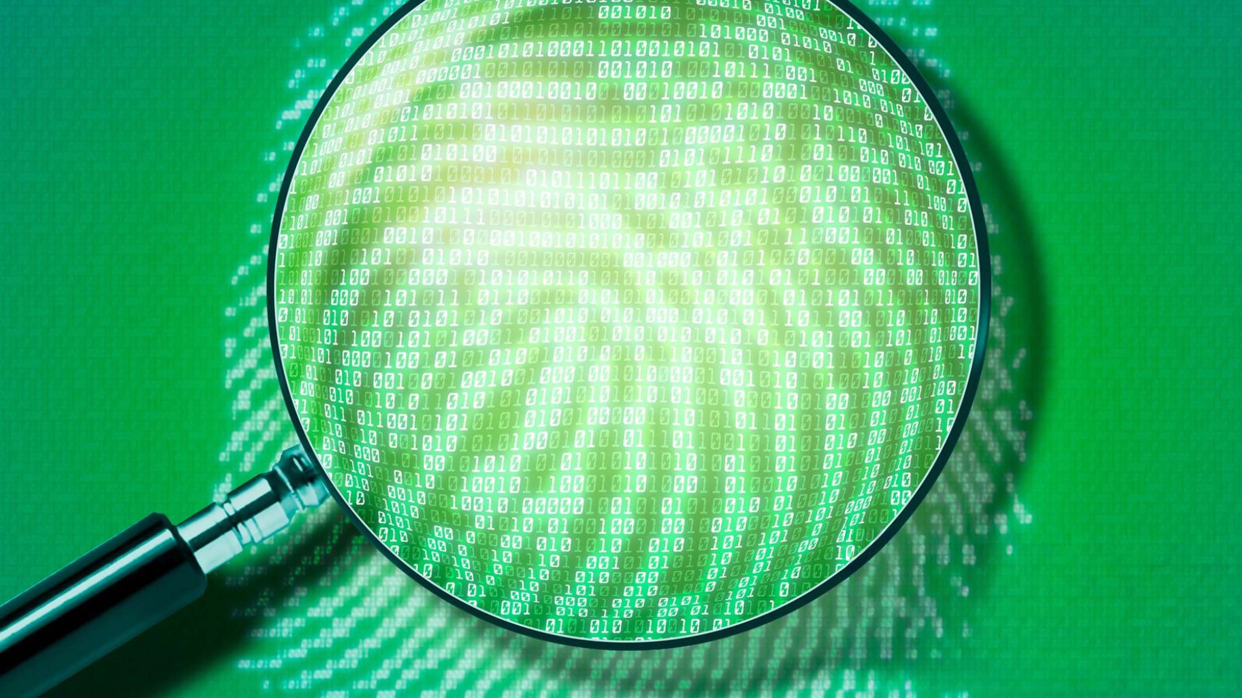 A green photo of a magnifying glass looking at a fingerprint in binary code.