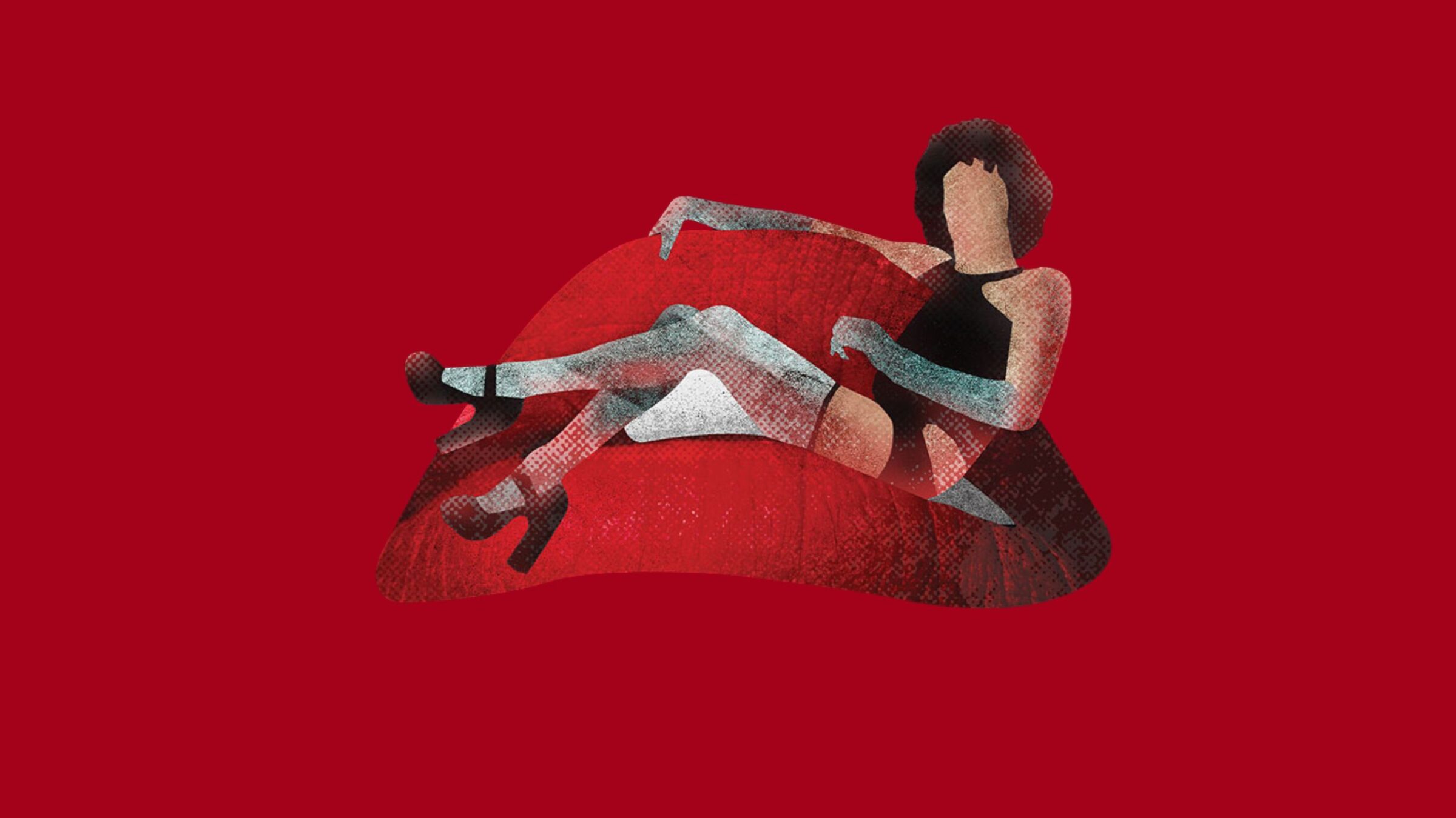 A stock image of an illustration of a woman in a chair that's shaped as a mouth.