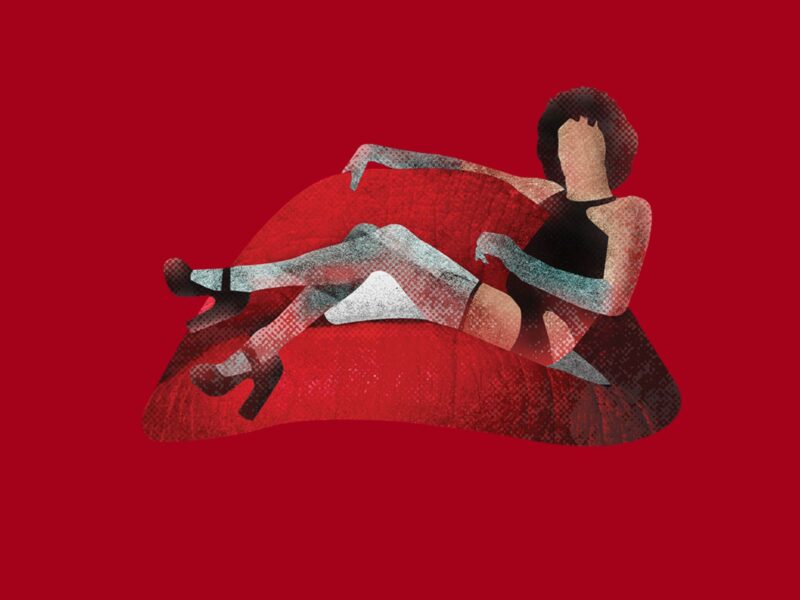 A stock image of an illustration of a woman in a chair that's shaped as a mouth.