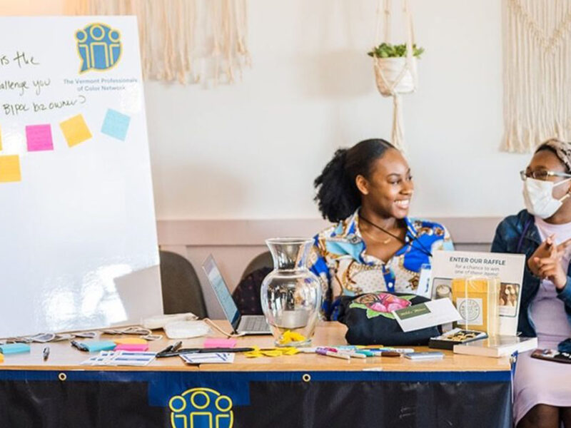Two people sitting behind a table discussing the Vermont Professionals of Color Network with information and sticky notes.