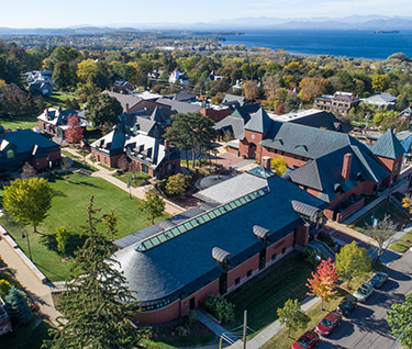 aerial view above Champlain College campus