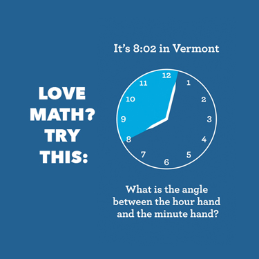 Love math? Try this! It's 8:02 in Vermont. What is the angle between the long hand and the minute hand?