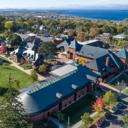 Aerial view of Champlain College over-looking Lake Champlain