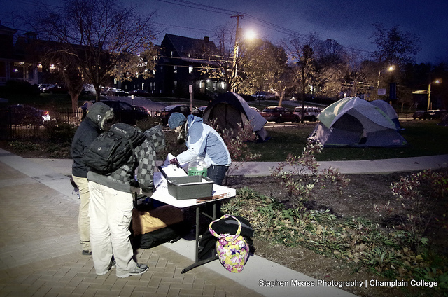 Evening registration begins in the November chill at Tent City 2012.