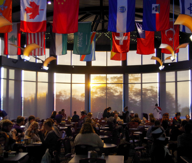 Students hanging out in Dining Hall in the evening.