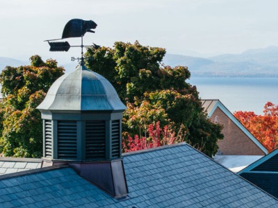 The famous beaver weather vane atop an academic building at Champlain College overlooking Lake Champlain.
