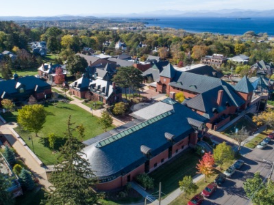 Aerial photograph of Champlain College campus in Burlington, Vermont, including Lake Champlain.