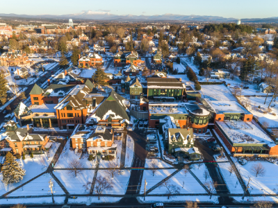 Aerial View of Champlain's Burlington Campus with snow on the ground and rooftops