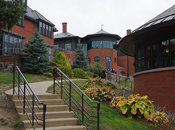 View of the steps and pathway leading to Champlain's library building